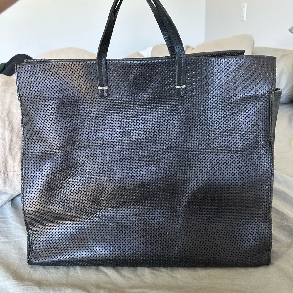 Clare V simple tote in black perforated leather